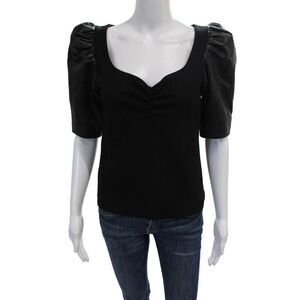 La Marque Womens Leather Trim Short Sleeve Pullover Blouse Top Black Size S